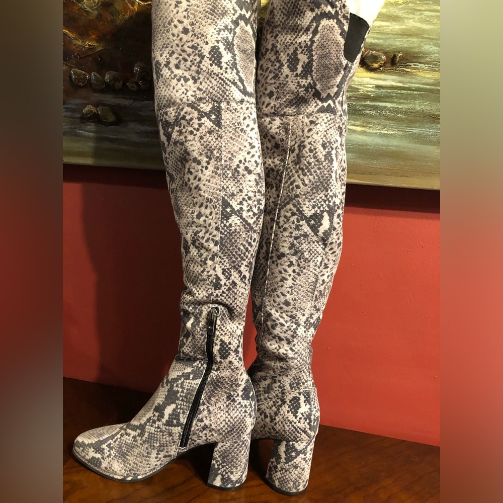Snake-Print Over-the-Knee Block Heel Boots - Women